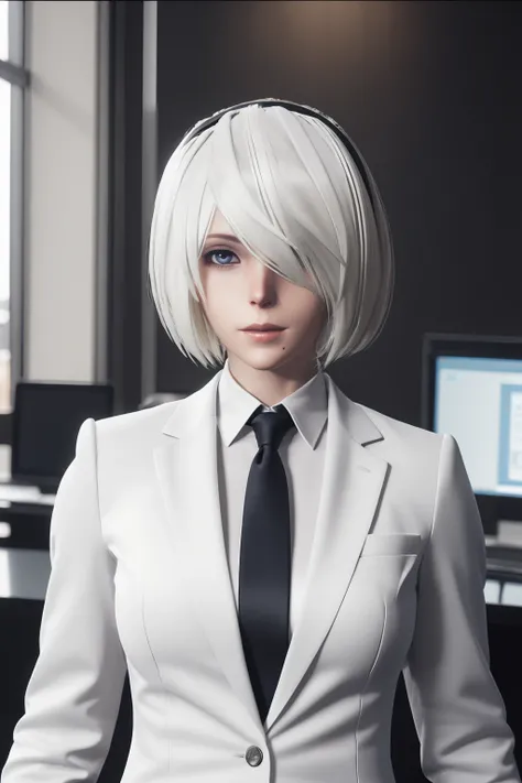 Best quality,masterpiece,ultra high res,1girl,yorha2b,upper body,business suit,office,