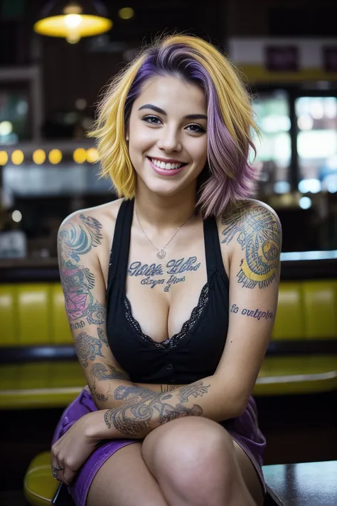 arafed woman with tattoos sitting on a bench in a restaurant