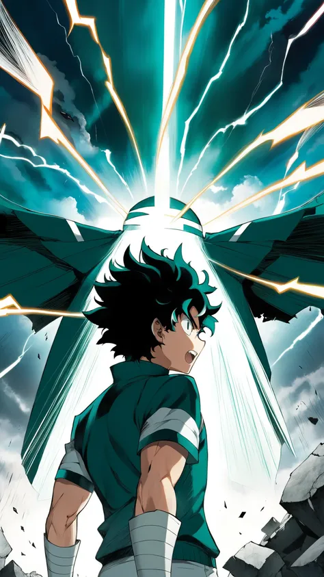 Anime, In a UA High training ground reduced to ruins, Izuku Midoriya, tapping into One For Alls full potential, becomes the eye of a storm. Every flicker of his power sends shockwaves, debris hovering as if time itself has paused. Villains surround him, bu...