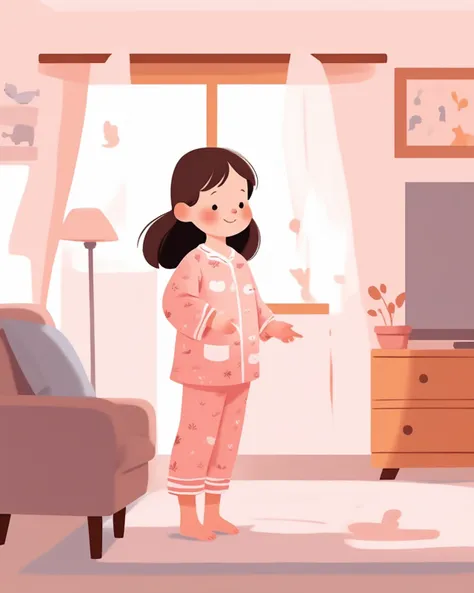 <lora:children huiben11-20231007-000006:0.75>,childrens picture books,crayon paintings,blush,white background,simple background,A little girl, wearing pajamas, standing in the living room