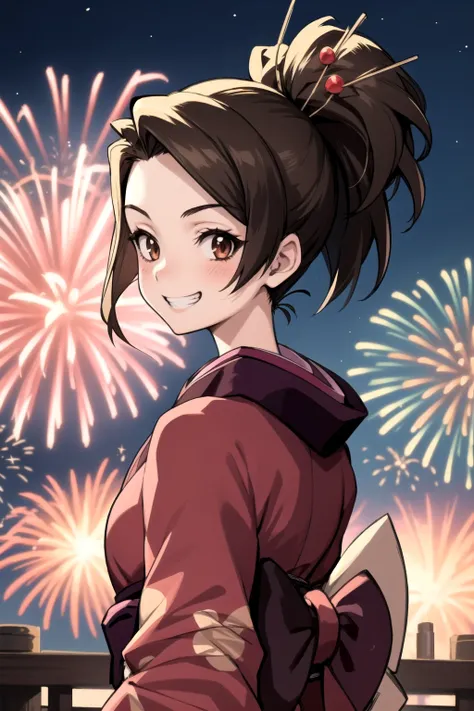 <lora:fuu-000025:1> fuu, kimono, hair ornament, hair stick, ponytail,
1girl, fireworks, grin, outside, night