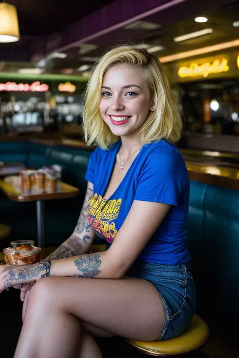 street photography photo of a young woman with yellow hair, smile, happy, cute t-shirt, cleavage1:5, tattoos on her arms, sittin...