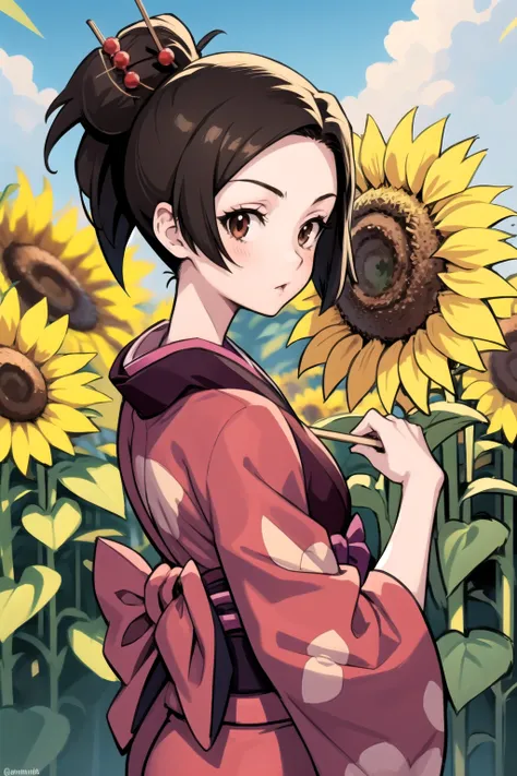 <lora:fuu-000025:1> fuu, kimono, hair ornament, hair stick, ponytail,
1girl, outdoors, looking back, from behind, sunflower