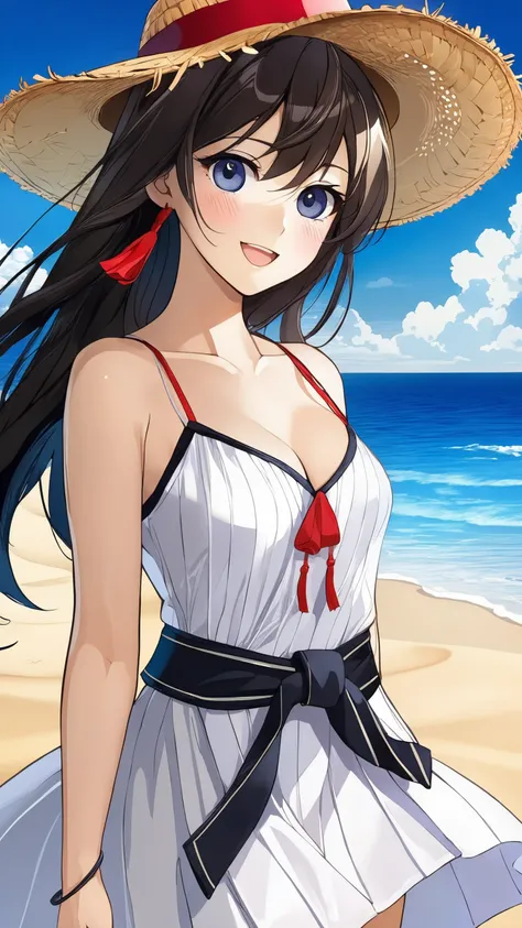 1girl, teen (white camisole dress, straw hat, red sash belt:1.5) (cute, sweet, smile, bare face, big eyes, open mouth:1.4) black hair, straight hair, long hair, cowboy shot (dynamic pause, dynamic angle, walk on sandy beach, blue sky, white cloud, blue sea...