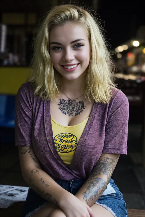 street photography photo of a young woman with yellow hair, smile, happy, cute t-shirt, cleavage1:5, tattoos on her arms, sittin...