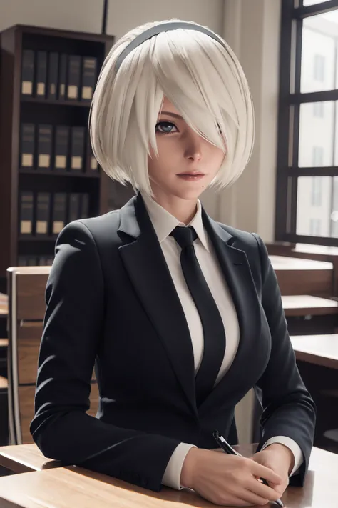 Best quality,masterpiece,ultra high res,1girl,yorha2b,upper body,business suit,office,wooden desk,bookself,