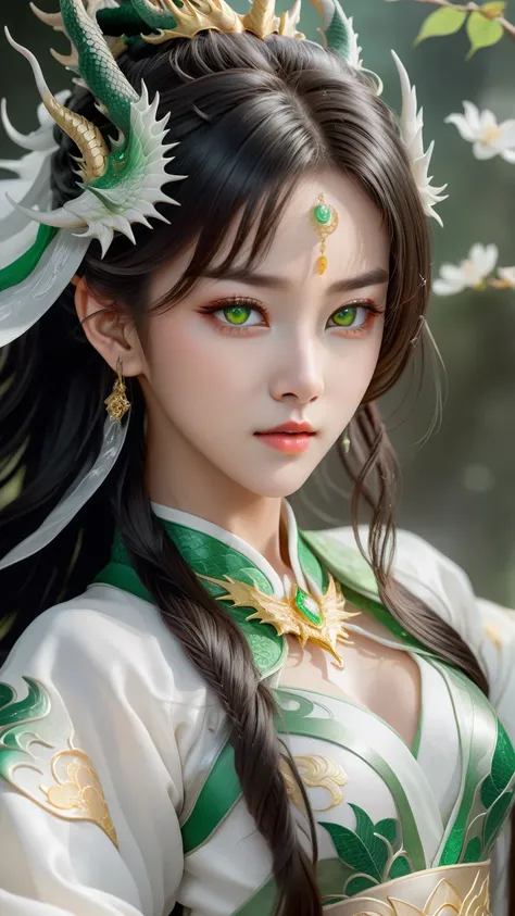 (masterpiece),(best quality),(super delicate),(illustration),(extremely delicate and beautiful),(dynamic angle),white and black highlights,(legendary Dragon Queen:1.3)ï¼1 girl),Hanfu,(complex details) (beautiful and delicate eyes),golden eyes,green pupils...