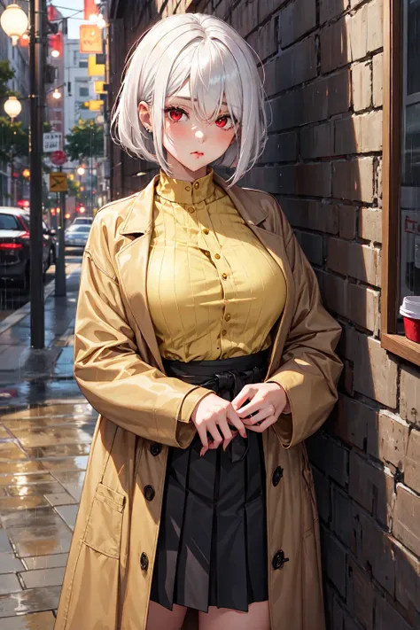 1girl with a long bob cut hair, white hair, hair over eyes, messy hair, red eyes, toned, tomboy, tall female, large breasts, curvy, wearing light brown long coat, yellow shirt, pleated black skirt, leaning on wall, pout, coffee shop behind her, chill, cozy...