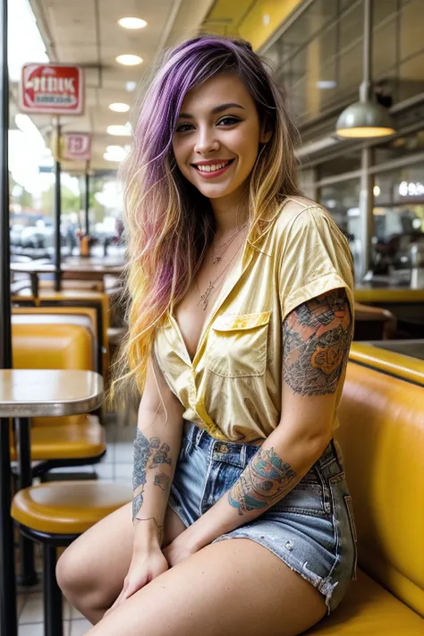 street photography photo of a young woman with yellow+purple hair, smile, happy, cute shirt, cleavage1:5, tattoos on her arms, tattoo thighs, sitting in a modern diner <lora:DETAIL_SLIDER_BY_STABLE_YOGI:2>