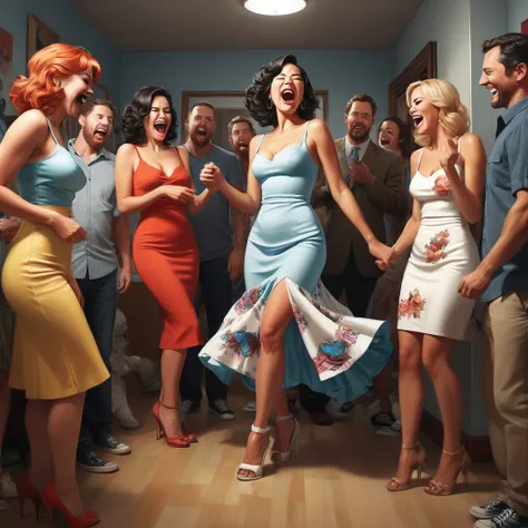 (stylized by Tristan Eaton:1.3) and Boris Vallejo and (Ross Draws:1.3) , studio Digital art, Hateful (Wife and Wife:1.3) being looked at by a group of [Homely|Aggressive] people wearing Touching Midi dress and ankle strap heels, FOV 90 degrees, Cozy, studi...