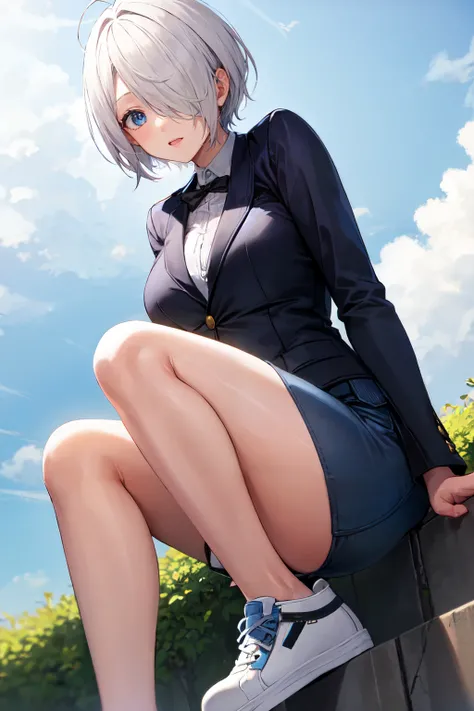 angel kof, 1girl,solo,white hair, blue eyes, hair over one eye, large breasts,short hair,High-waisted shorts, oversized blazer, white sneakers  <lora:angel_kof:1>