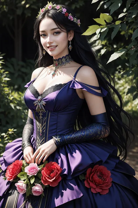 ((Masterpiece, best quality,edgQuality)),smile,smirk,gradient hair , choker,
edgFD, a dress made out of flowers and leaves, woman wearing edgFD_ballgown, fantasy_dress,
<lora:edgFantasyGown:1>