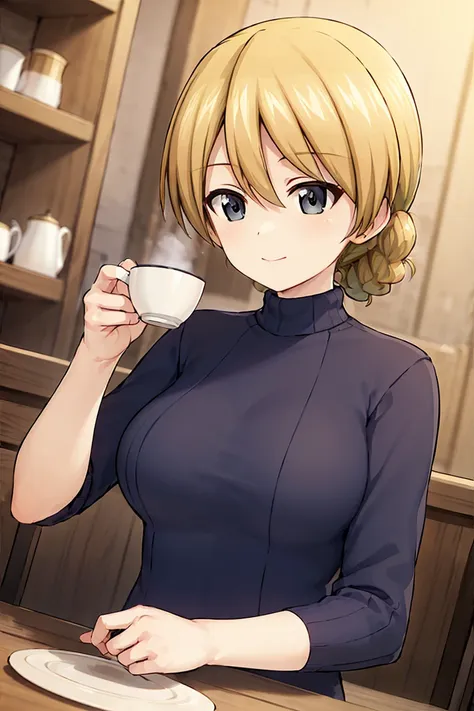 masterpiece, best quality, 1girl, solo, darjeeling \(girls und panzer\), large breasts, blush, looking away, sitting, calm, (tur...