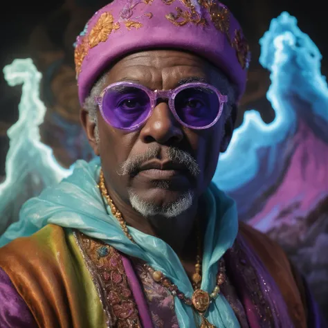 by Joseph Ducreux, Jerry Siegel,  Pastels artwork,close up of a Eclectic Weary [Ivorian:Chinoiserie:18] (Erik Per Sullivan:1.3) casting a Frost magic spell, fantasy art, magical, mythical, fluorescent magic aura, Magic Mage, dressed in 1970s disco fashion ...