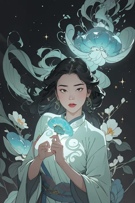 (NSFW:1.2)single girl with single face, In an enchanting setting, an oil painting (1.5) captures a dynamic scene, where a confident girl (1girl) leans against a dreamy background infused with elements of Chinese aesthetics. The backdrop, adorned with mesme...