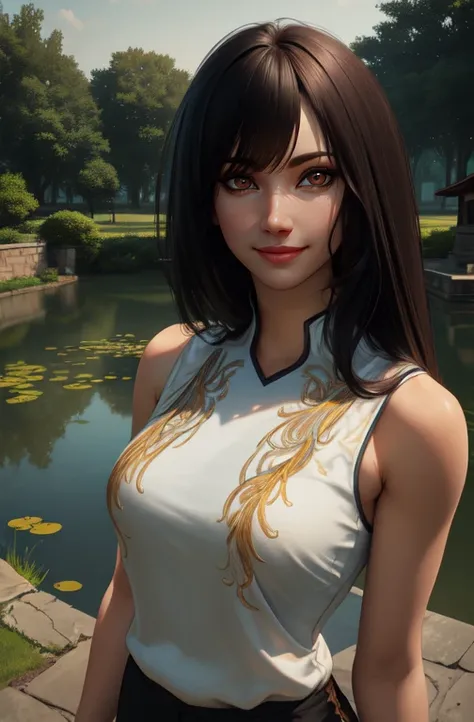 LingX, black hair,  brown eyes,  long hair, bangs, 
white shirt,   shorts,   sleeveless, 
standing, upper body,   
temple, pond, dawn, 
looking at viewer, smile, 
(insanely detailed, beautiful detailed face,beautiful detailed eyes, masterpiece, best qualit...