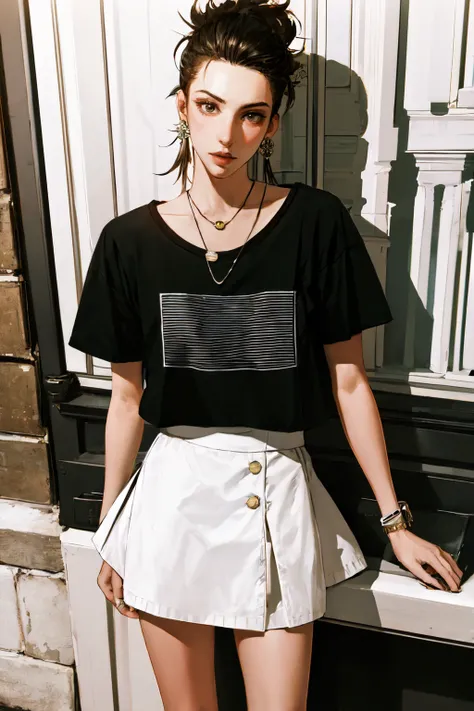 pilyeon style,  1girl, looking at viewer, parted lips,  upper body, jewelry, Printed mini skirt, black tee, sneakers<lora:pilyeon_style:0.8>