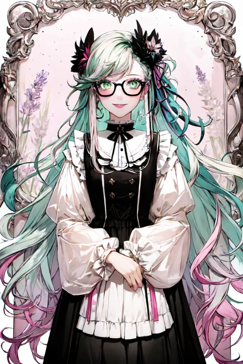 pilyeon style,  pastel goth, pastel makeup, glasses, green eyes, glowing eyes, glowify, messy hair, lavender hair, long hair, perfect eyes, pastel goth makeup, looking at viewer, smile, tall, standing, pastel colors, kawaii, cute colors, War forged, ,suuji...