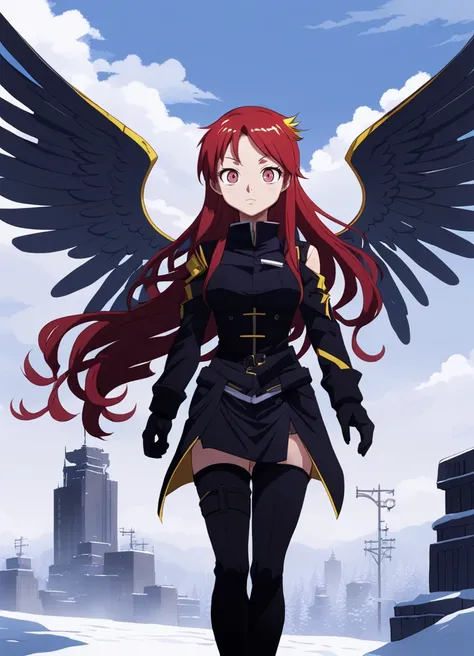 (flat color), 2010s anime screenshot, 1girl, long wavy red hair, red eyes, (angel wings:1.1), military uniform, snow, city ruins