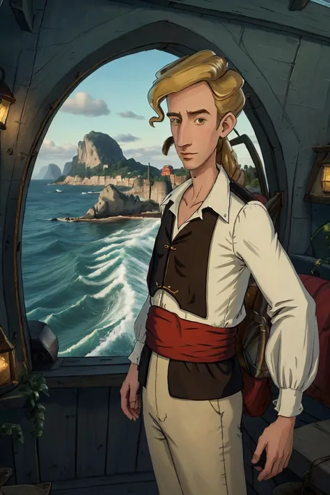 (best quality:1.2), (detailed:1.2), guybrush, solo, male focus, looking at viewer, ship, inside, sea, waves, sailing, absurdres, <lora:guybrushnai-180:0.8>, <lora:detail_slider_v4:0.4>