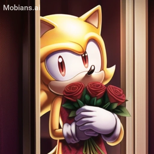 ((Masterpiece)), ((Good face)), ((Good anatomy)), Fleetway Super Sonic, red eyes, holding a bundle of roses, confused expression, outside of a door