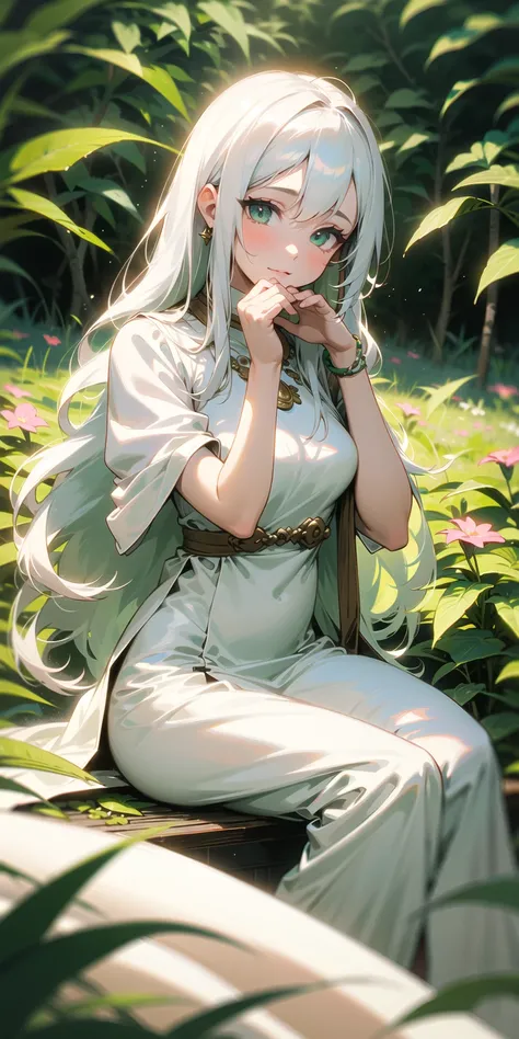 (masterpiece, best quality),1girl with long white hair sitting in a field of green plants and flowers, her hand under her chin, warm lighting, white dress, blurry foreground