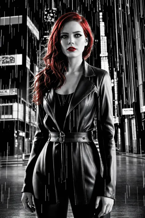 1girl,upper body,red hair,rain,city,<lora:SinCity_v1.0:1>,