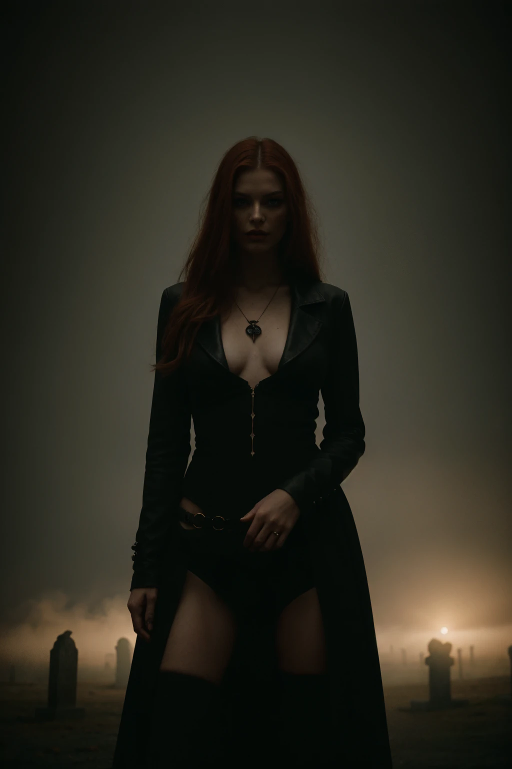 epiC35mm, fashion photography, witch, a redhead woman in a leather witch bodysuit, witch outfit, leather lace, leather lacework, very long hair, with many (crows:1.2), Heirloom Jewels, Showcasing luxurious jewelry by striking poses that emphasize the beaut...
