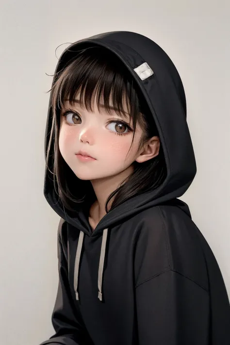 masterpiece, best quality,8k,realistic,
5yo,
1girl, solo, hoodie, hood, long hair, brown hair, black eyes, hood up, white hoodie...