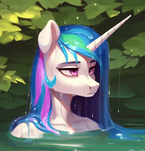 score_9, rating_safe, anthro pony princess celestia, portrait, wet mane, water flowing over face, droplets on skin