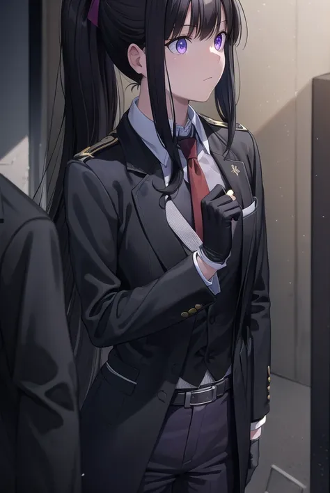 takinainoue, <lora:takinainouechickeiii-lora-nochekaiser:1>, 
inoue takina, long hair, bangs, ponytail, black hair, (purple eyes:1.2),
BREAK gloves, long sleeves, jacket, necktie, black gloves, collared shirt, belt, pants, vest, black jacket, black pants, ...