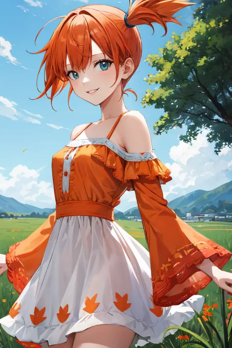 misty pokemon, orange hair, 1girl, small breasts, solo, looking at viewer, short hair,outdoors ,smile,Boho-chic off-the-shoulder dress with a flowy silhouette and embroidered details<lora:misty_pokemon:1>