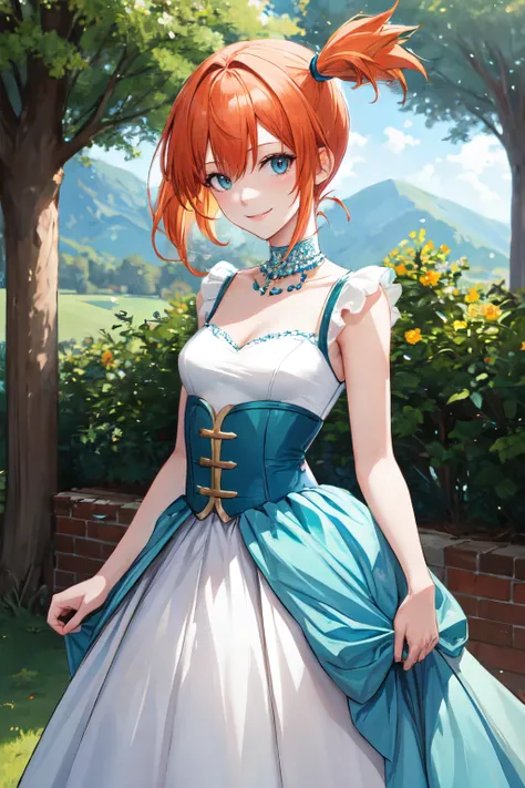misty pokemon, orange hair, 1girl, small breasts, solo, looking at viewer, short hair,outdoors ,smile,Romantic tulle ball gown with a beaded bodice and a full skirt <lora:misty_pokemon:1>