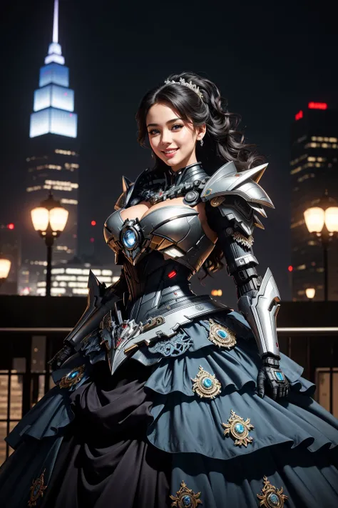 ((Masterpiece, best quality,edgQuality)), 
smiling,excited, edgMecha, a woman in a ballgown standing in front of a city at night ,woman wearing edgMecha_ballgown, mecha ballgown
 <lora:edgRoboGown:1>