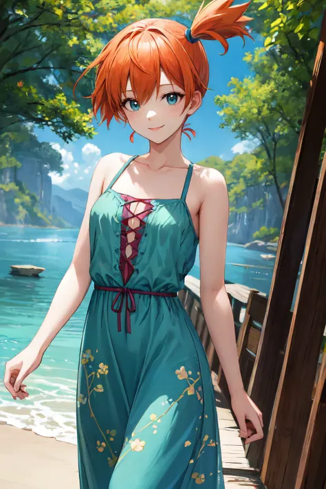 misty pokemon, orange hair, 1girl, small breasts, solo, looking at viewer, short hair,outdoors ,smile,Boho-chic lace-up maxi dress with a flowy silhouette and bohemian prints<lora:misty_pokemon:1>