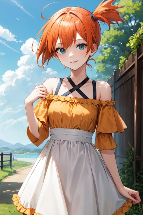 misty pokemon, orange hair, 1girl, small breasts, solo, looking at viewer, short hair,outdoors ,smile,Whimsical tiered ruffle dress with an off-the-shoulder neckline <lora:misty_pokemon:1>