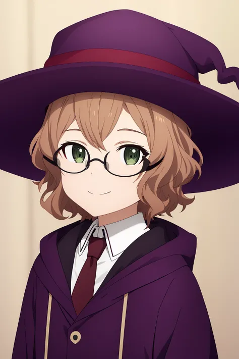 cardinal, 1girl, solo, looking_at_viewer, smile, short_hair, brown_hair, shirt, hat, closed_mouth, school_uniform, green_eyes, white_shirt, necktie, glasses, collared_shirt, hood, witch_hat, wavy_hair, portrait, black_necktie, purple_jacket, purple_headwea...