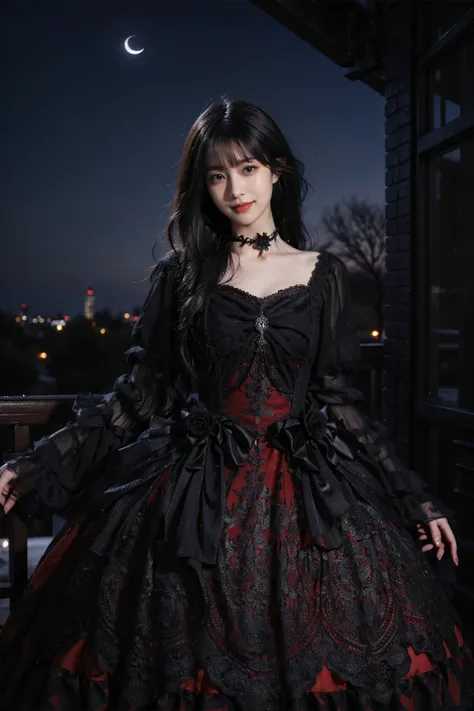 best quality, masterpiece, photorealistic, 1girl, solo, cowboy shot, long black hair, straight hair, blunt bangs, looking at viewer, smile, lo dress, layered dress, frills, choker, long dress, long sleeves, wide sleeves, castle, night, moon, detailed backg...