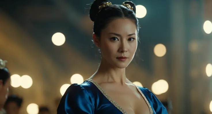 cinematic film still of  Cinematic Film stock footage in (arri alexa style) Kodak film print,   <lora:chun li:1> Chun-Li a woman in a costume is posing for a picture, shallow depth of field, vignette, highly detailed, high budget, bokeh, cinemascope, moody...
