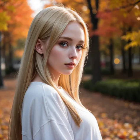 beautiful girl wearin in oversized clothes points her finger at the viewer, long blonde hair, (upper body:1.2), autumn leaves, outdoors, volumetric light, cinematic, golden hour, natural lighting, natural lighting,