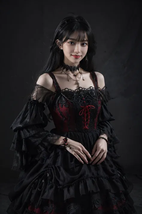 best quality, masterpiece, photorealistic, 1girl, solo, cowboy shot, standing, long black hair, straight hair, blunt bangs, looking at viewer, smile, lo dress, gothic, detached sleeves, necklace, choker, long sleeves, wide sleeves, simple background, <lora...