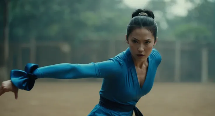 cinematic film still of  Cinematic Film stock footage in (arri alexa style) Kodak film print,   <lora:chun li:1> Chun-Li a woman in a blue outfit kicking a kick, shallow depth of field, vignette, highly detailed, high budget, bokeh, cinemascope, moody, epi...