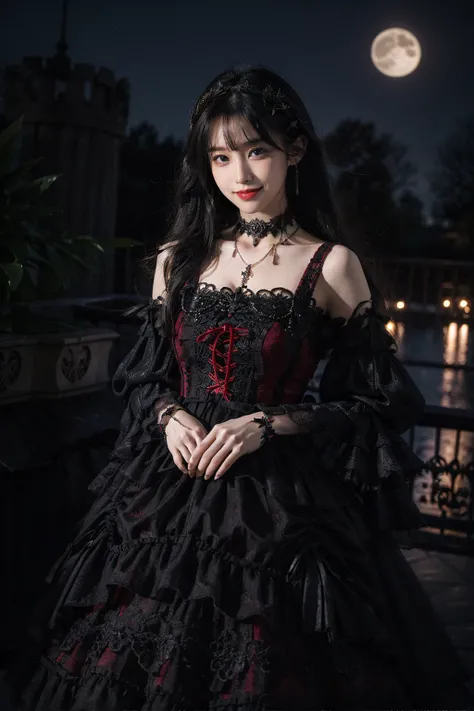 best quality, masterpiece, photorealistic, 1girl, solo, cowboy shot, standing, long black hair, straight hair, blunt bangs, looking at viewer, smile, lo dress, gothic, detached sleeves, necklace, choker, long sleeves, wide sleeves, hair ornament, castle, n...