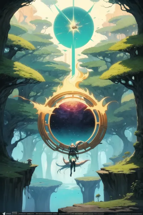 a large circle of a person above a tree in an image, in the style of vibrant fantasy landscapes, teal and bronze, energy-filled illustrations, hikecore, sublime wilderness, poster art, i cant believe how beautiful this is