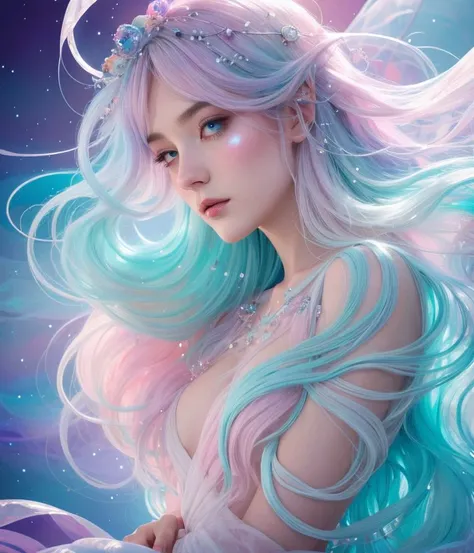 Abstract style hauntingly ethereal portrait of a mysterious figure draped in translucent fabric, crystals adorning their hair, amidst a dreamlike swirl of pastel hues and soft light, evoking a sense of calm serenity and elusive beauty, high detail, award w...