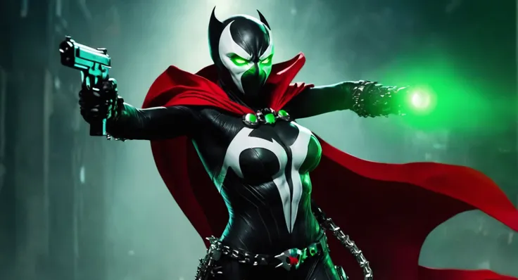 concept art of (Cinematic Film stock footage style) in (arri alexa style) (Kodak film print style),
 <lora:Spawn:1>
Spawn a woman with a living black and white symbiotic costume with a gun and a red cape and glowing green eyes, digital artwork, illustrativ...