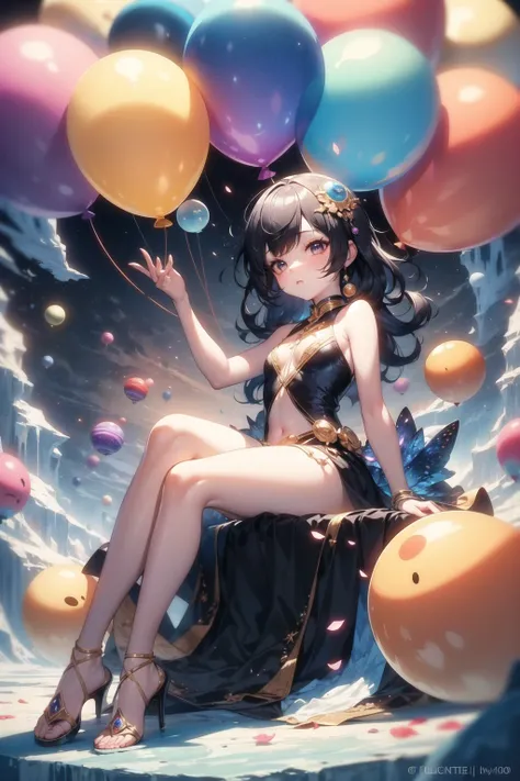 ([balloons:Small planets:0.5]:1.4), (Small_planets inside of balloons:1.4), (lots of colorful Small_planets:1.35), (colorful planets, earth, floating petals, big balloons:1.22), 1 girl, cute face, Full body, sitting, detailed beautiful eyes, bare legs, cos...