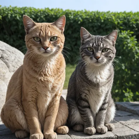 Closeup 2 cats a sitting in a German flack, Atlantic wall
, undefined