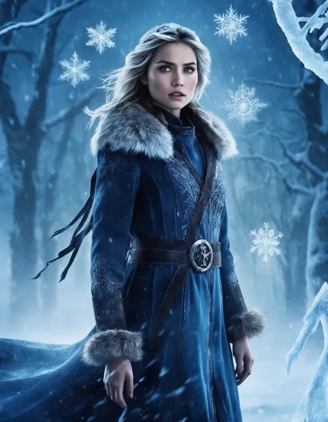 cinematic photo Collage Photography, (((ohwx woman))) In the heart of a swirling snowstorm, a female human Winter Witch (photorealistic:1.35) commands the chilling elements. Her face, aglow with (frosty, icy makeup:1.2), embodies her frigid power. Her fin...