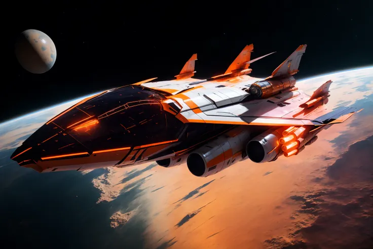 <lora:zxrspc_v3:1> Pumpkin Spice Orange zxrspc, masterpiece, best cinematic quality, photorealistic highly detailed 8k raw photo, volumetric lighting, volumetric shadows, reflective fuselage, A spacewalk outside a spaceship, witnessing the vastness of spac...